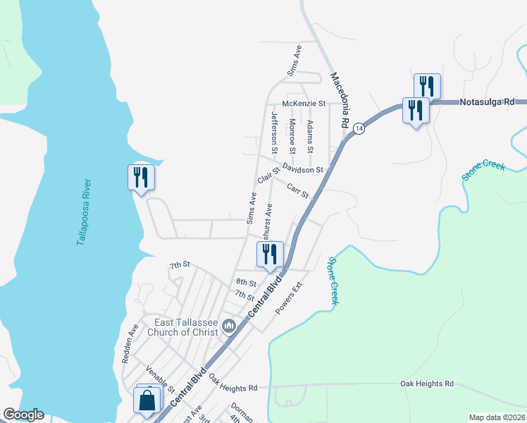 map of restaurants, bars, coffee shops, grocery stores, and more near 215 Ashurst Avenue in Tallassee