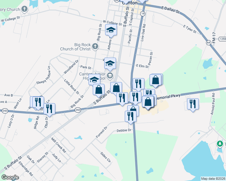 map of restaurants, bars, coffee shops, grocery stores, and more near 1130 South Buffalo Street in Canton