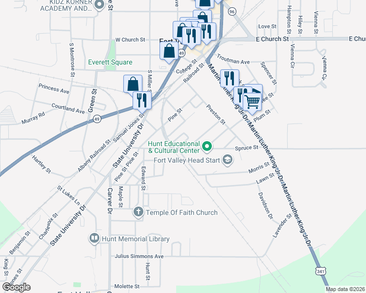 map of restaurants, bars, coffee shops, grocery stores, and more near 201-317 Morris Street in Fort Valley