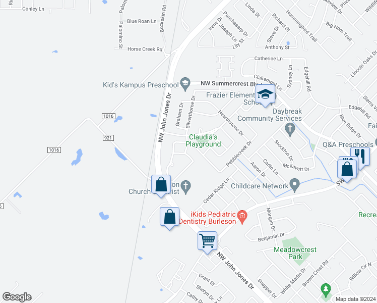 map of restaurants, bars, coffee shops, grocery stores, and more near 1216 Juniper Lane in Burleson