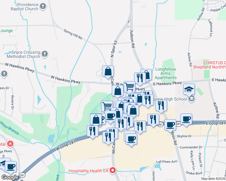 map of restaurants, bars, coffee shops, grocery stores, and more near 3201 North Eastman Road in Longview