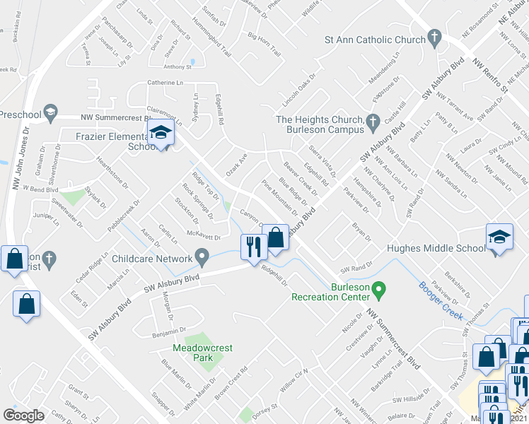 map of restaurants, bars, coffee shops, grocery stores, and more near 816 Canyon Cove Drive in Burleson