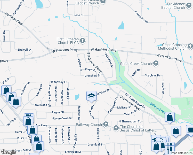 map of restaurants, bars, coffee shops, grocery stores, and more near 3226 Crenshaw Street in Longview