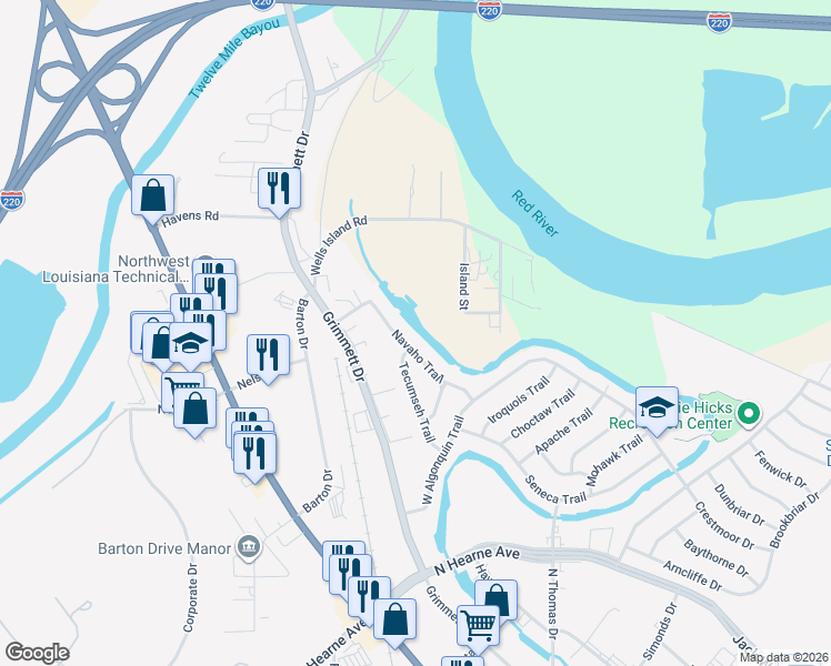 map of restaurants, bars, coffee shops, grocery stores, and more near 789 Tecumseh Trail in Shreveport