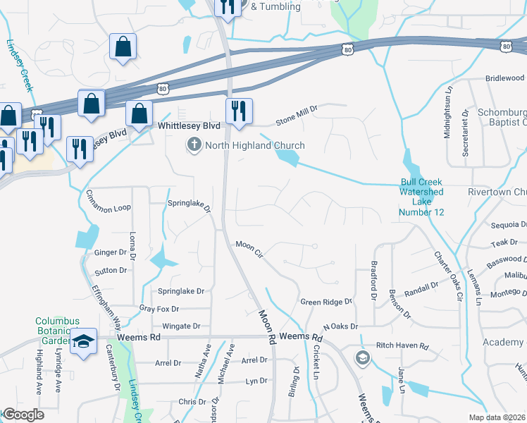 map of restaurants, bars, coffee shops, grocery stores, and more near 12 South Whisper Court in Columbus