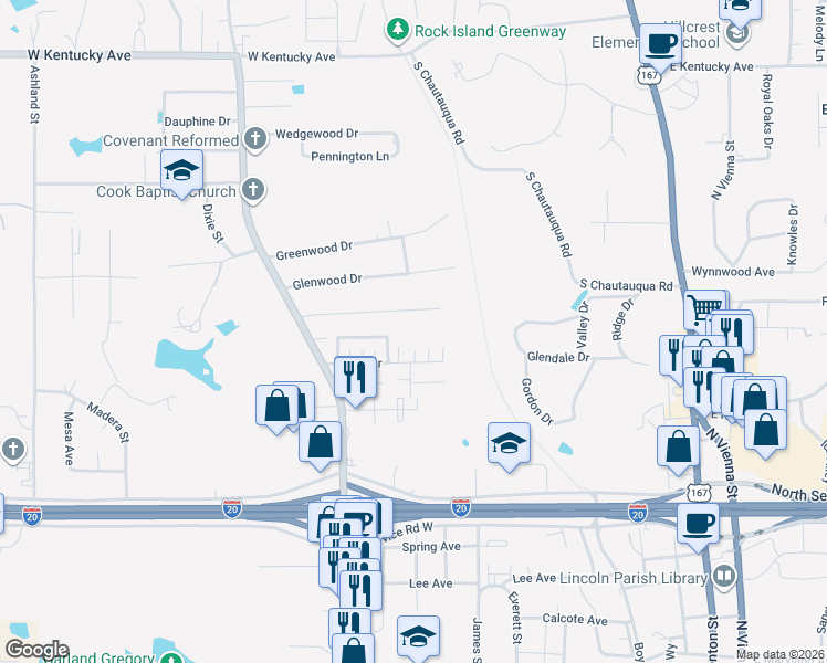 map of restaurants, bars, coffee shops, grocery stores, and more near 932 Sybil Drive in Ruston