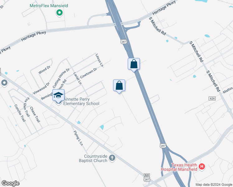 map of restaurants, bars, coffee shops, grocery stores, and more near 23 Willow Bend Court in Mansfield