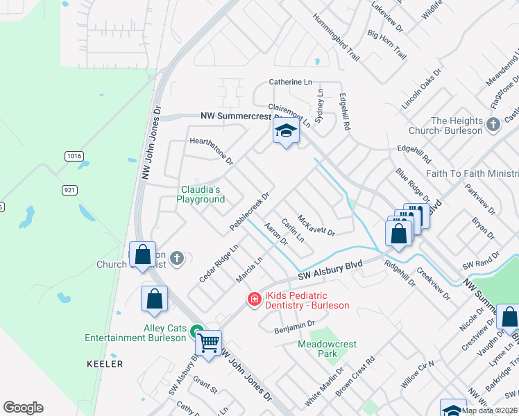 map of restaurants, bars, coffee shops, grocery stores, and more near 1020 Aaron Drive in Burleson