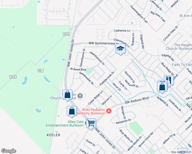 map of restaurants, bars, coffee shops, grocery stores, and more near 1112 Melrose Drive in Burleson