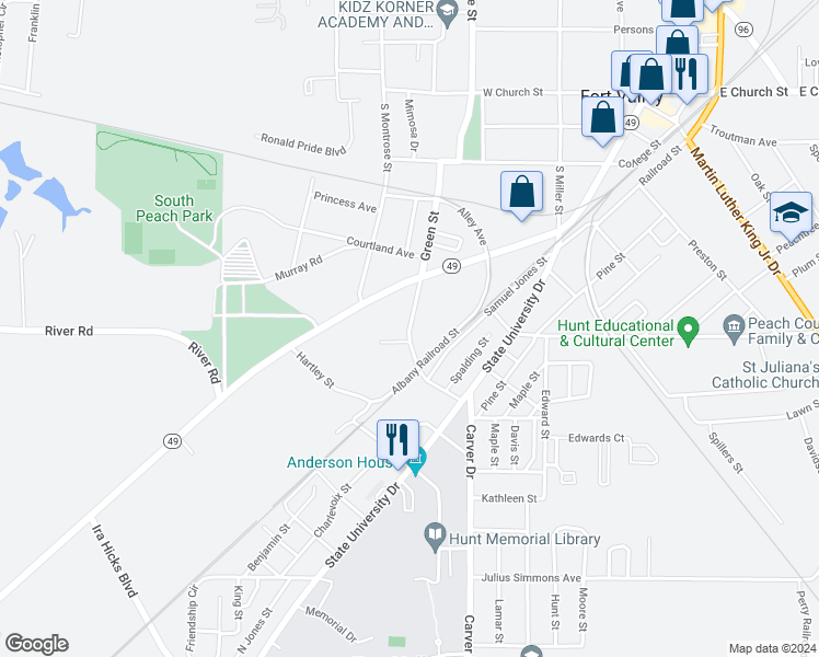 map of restaurants, bars, coffee shops, grocery stores, and more near 460 Wye Street in Fort Valley