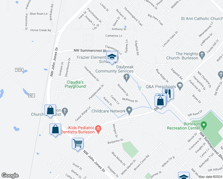 map of restaurants, bars, coffee shops, grocery stores, and more near 1041 McKavett Drive in Burleson