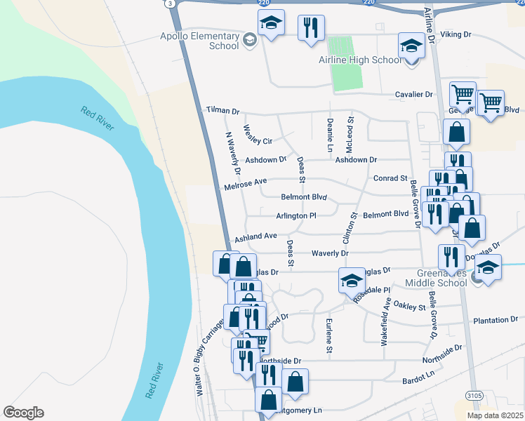 map of restaurants, bars, coffee shops, grocery stores, and more near 2305 Arlington Place in Bossier City