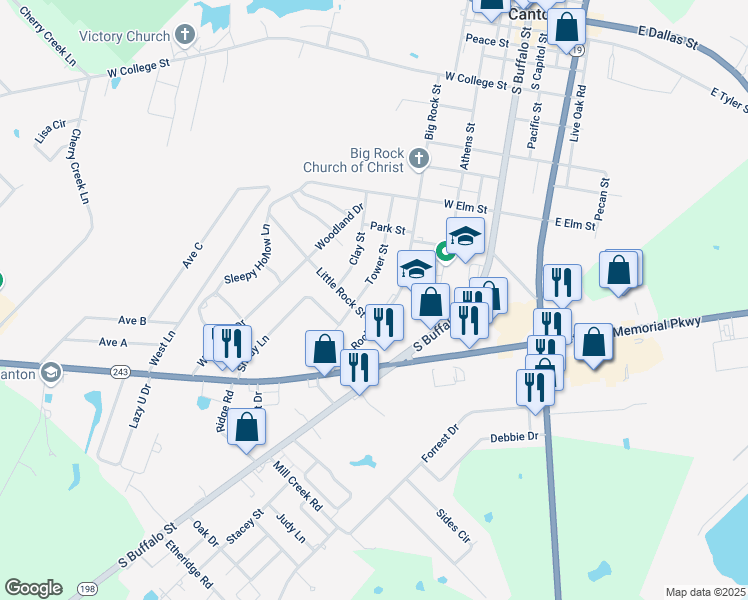 map of restaurants, bars, coffee shops, grocery stores, and more near 1190 Big Rock Street in Canton