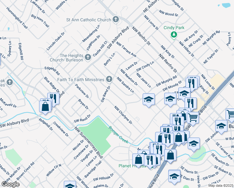 map of restaurants, bars, coffee shops, grocery stores, and more near 550 Northwest Ann Lois Lane in Burleson