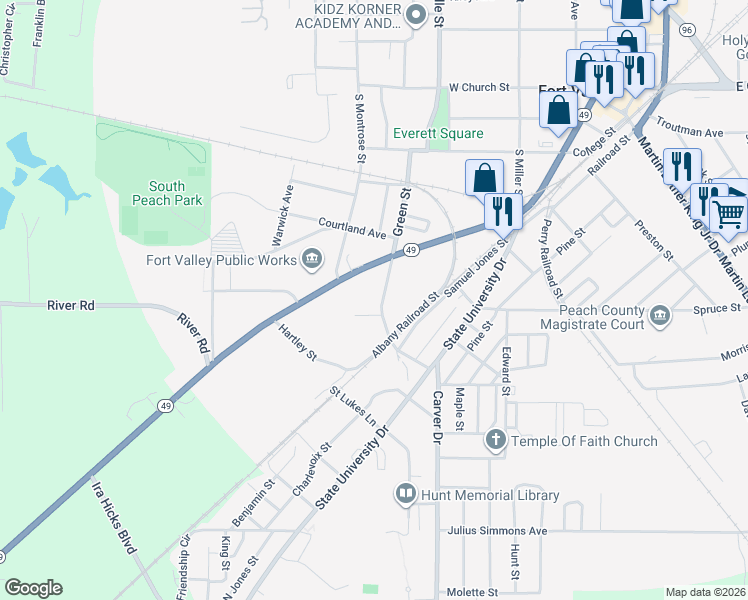 map of restaurants, bars, coffee shops, grocery stores, and more near 708 Green Street in Fort Valley