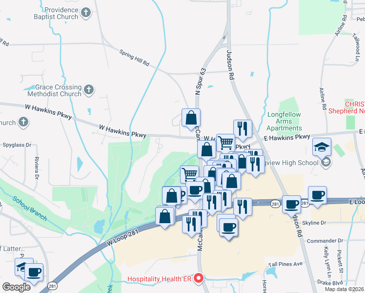 map of restaurants, bars, coffee shops, grocery stores, and more near 3623 McCann Road in Longview