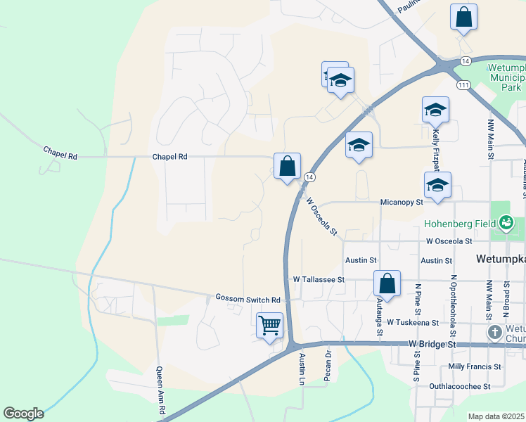 map of restaurants, bars, coffee shops, grocery stores, and more near 3750 Coosada Road in Millbrook