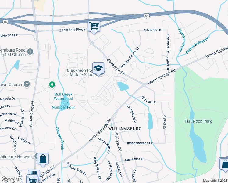 map of restaurants, bars, coffee shops, grocery stores, and more near 5727 Warm Springs Road in Columbus