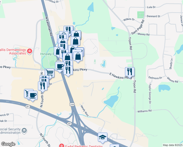 map of restaurants, bars, coffee shops, grocery stores, and more near 1130 East Hawkins Parkway in Longview