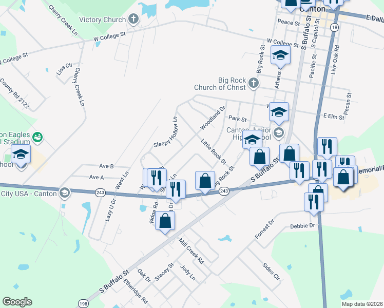 map of restaurants, bars, coffee shops, grocery stores, and more near 1403 Woodland Street in Canton