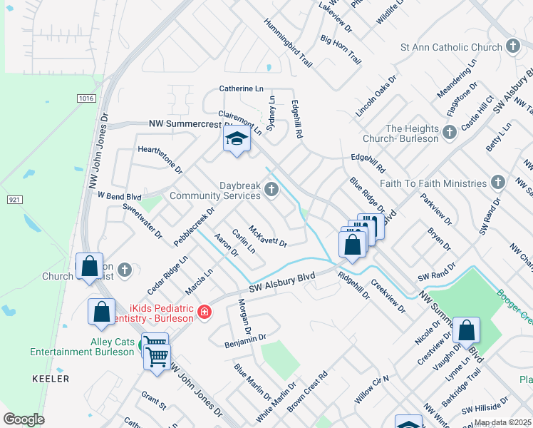 map of restaurants, bars, coffee shops, grocery stores, and more near 1016 Stockton Drive in Burleson