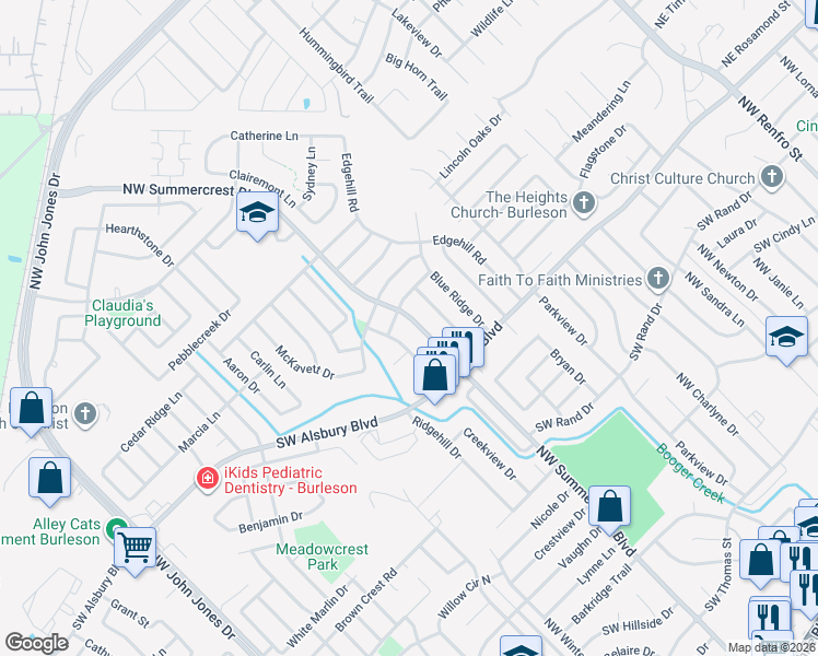 map of restaurants, bars, coffee shops, grocery stores, and more near 841 Northwest Summercrest Boulevard in Burleson