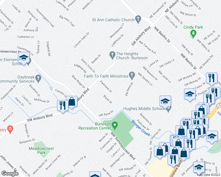 map of restaurants, bars, coffee shops, grocery stores, and more near 744 Parkview Drive in Burleson
