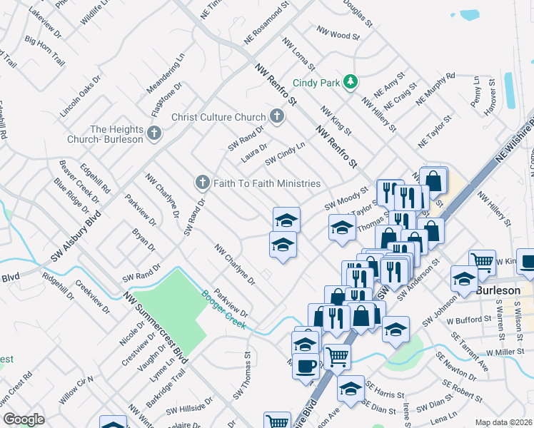 map of restaurants, bars, coffee shops, grocery stores, and more near 520 Northwest Newton Drive in Burleson