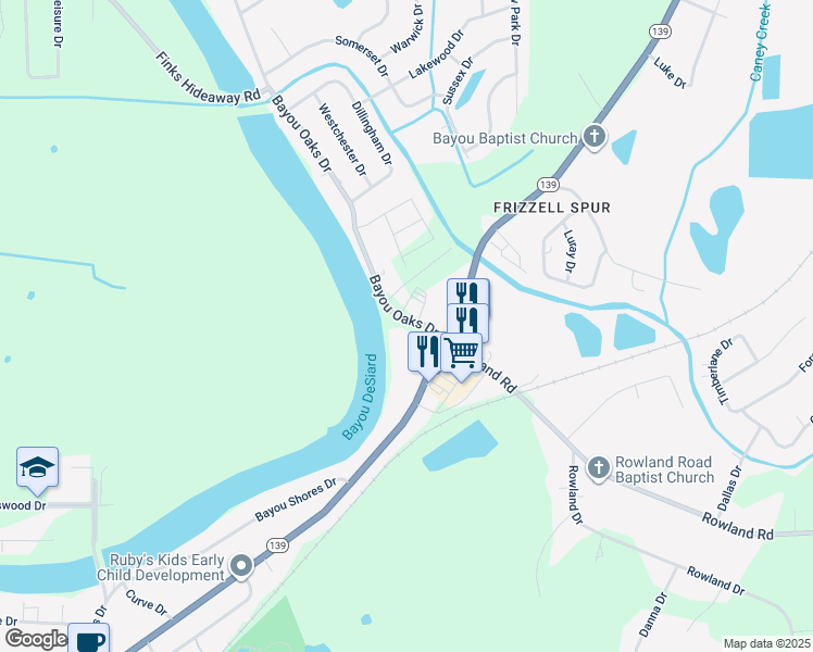 map of restaurants, bars, coffee shops, grocery stores, and more near 140 Bayou Oaks Dr in Monroe
