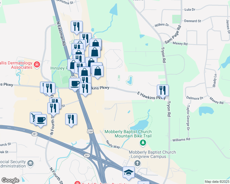 map of restaurants, bars, coffee shops, grocery stores, and more near 1130 East Hawkins Parkway in Longview