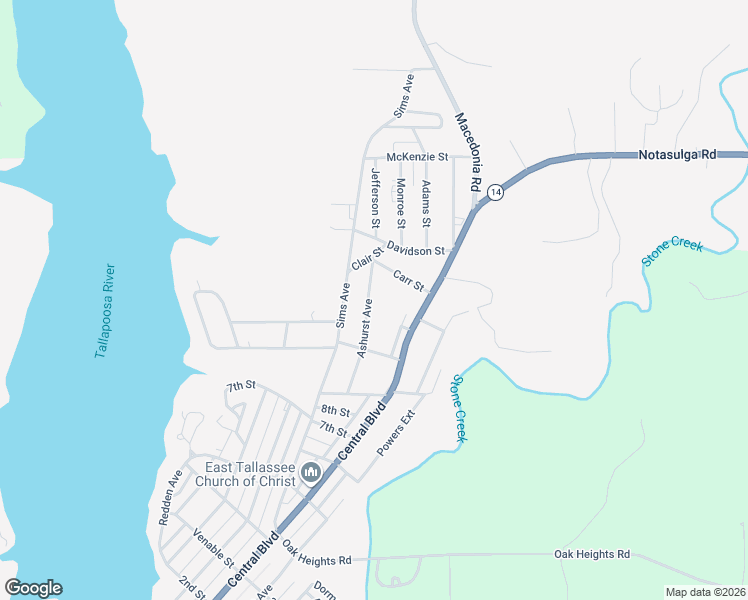 map of restaurants, bars, coffee shops, grocery stores, and more near 215-217 Ashurst Ave in Tallassee