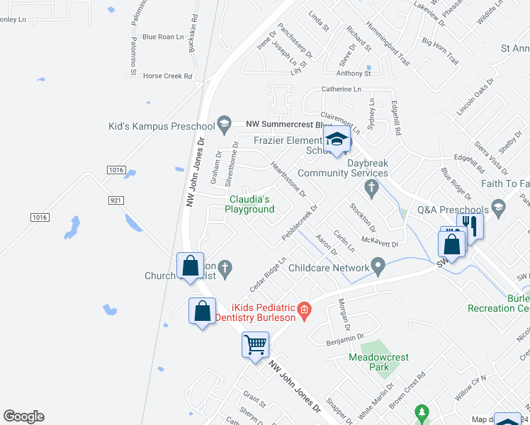 map of restaurants, bars, coffee shops, grocery stores, and more near 1120 Melrose Drive in Burleson