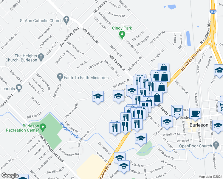 map of restaurants, bars, coffee shops, grocery stores, and more near 205 Southwest Moody Street in Burleson