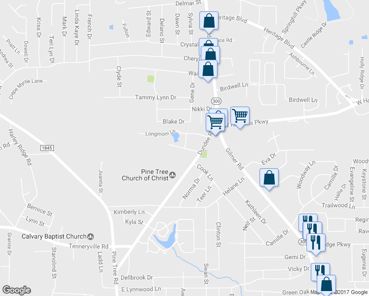 map of restaurants, bars, coffee shops, grocery stores, and more near 3545 Double Wood Drive in Longview
