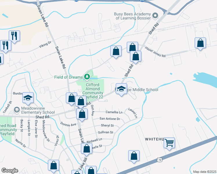 map of restaurants, bars, coffee shops, grocery stores, and more near 4815 Shed Road in Bossier City