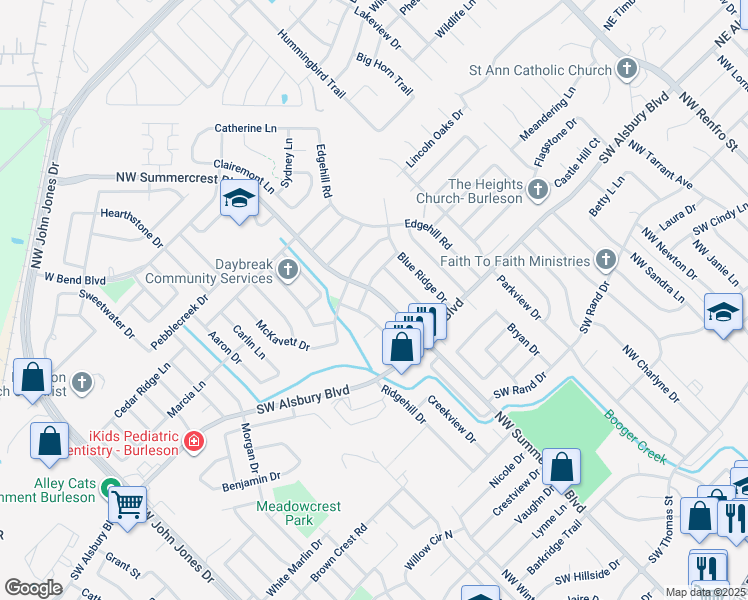 map of restaurants, bars, coffee shops, grocery stores, and more near 909 Northwest Summercrest in Burleson