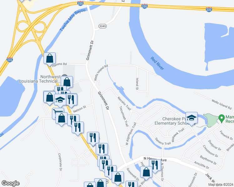 map of restaurants, bars, coffee shops, grocery stores, and more near 822 Navaho Trail in Shreveport