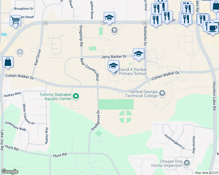 map of restaurants, bars, coffee shops, grocery stores, and more near Cohen Walker Drive in Warner Robins