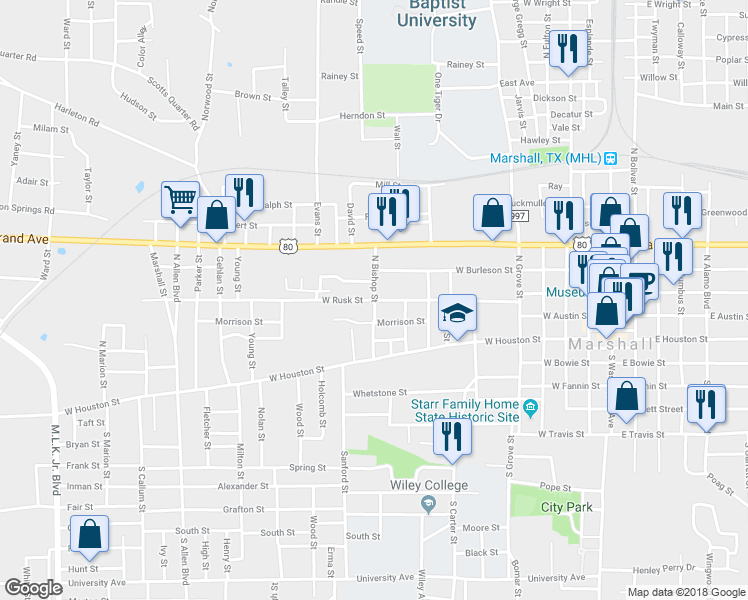 map of restaurants, bars, coffee shops, grocery stores, and more near 1100 West Rusk Street in Marshall