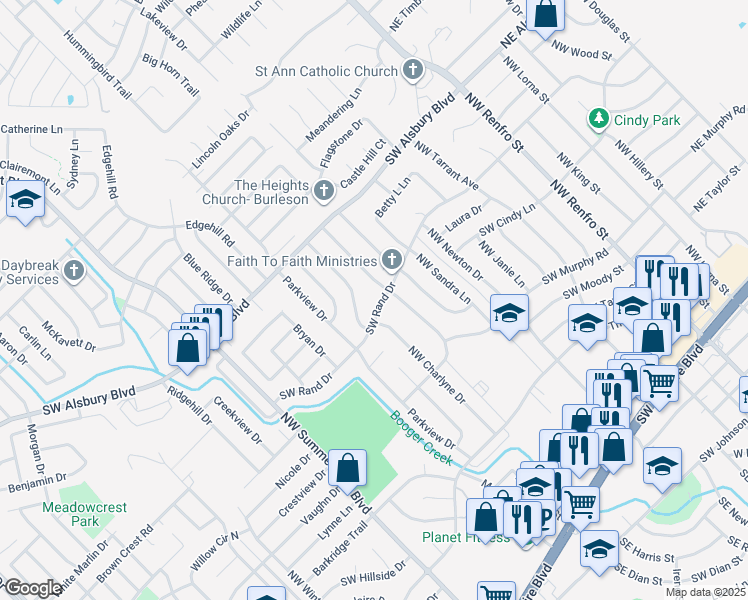 map of restaurants, bars, coffee shops, grocery stores, and more near 358 Southwest Rand Drive in Burleson