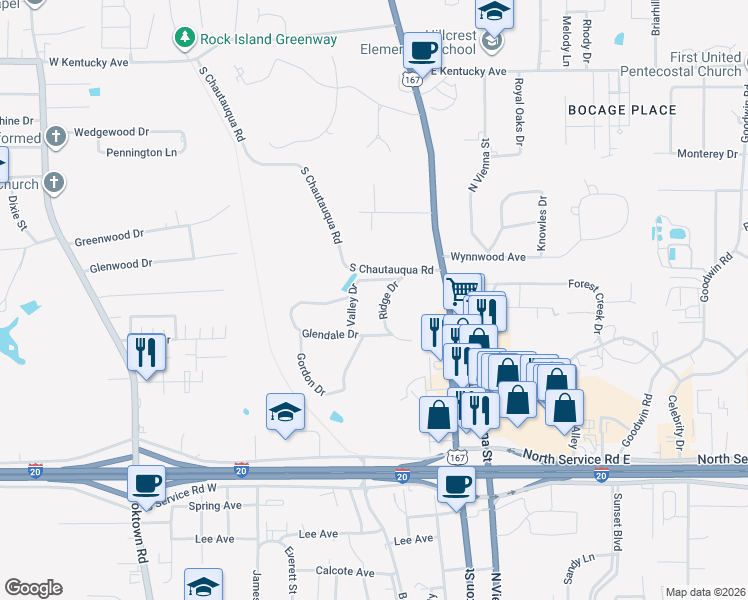 map of restaurants, bars, coffee shops, grocery stores, and more near 1607 Ridge Drive in Ruston