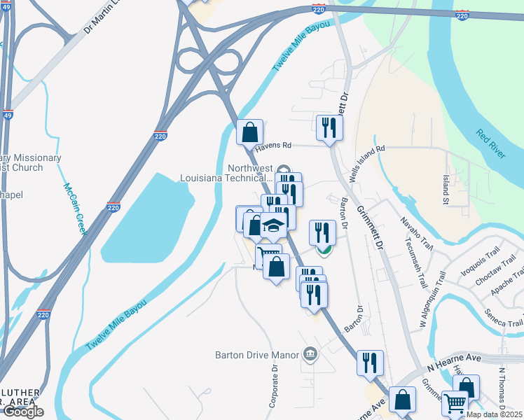 map of restaurants, bars, coffee shops, grocery stores, and more near 1935 North Market Street in Shreveport