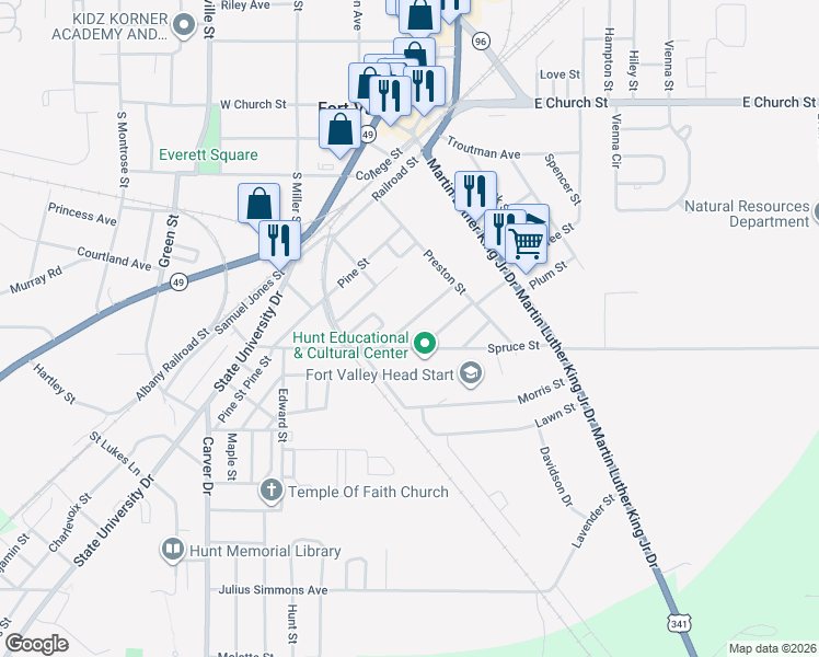 map of restaurants, bars, coffee shops, grocery stores, and more near 213 Allen Street in Fort Valley