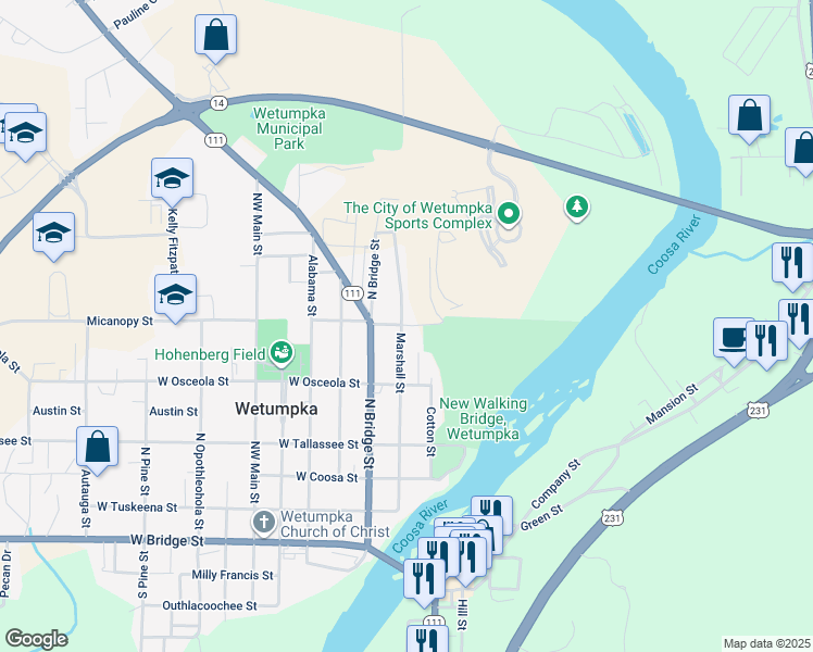 map of restaurants, bars, coffee shops, grocery stores, and more near 510 East Micanopy Street in Wetumpka