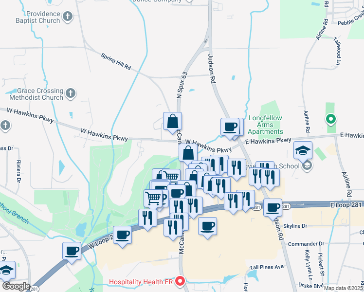 map of restaurants, bars, coffee shops, grocery stores, and more near 401 West Hawkins Parkway in Longview
