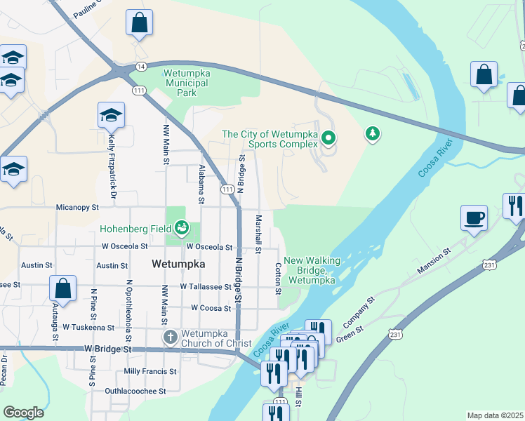 map of restaurants, bars, coffee shops, grocery stores, and more near 510 East Micanopy Street in Wetumpka