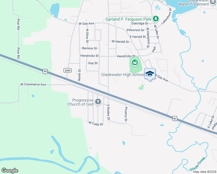 map of restaurants, bars, coffee shops, grocery stores, and more near 400 North Rodeo Street in Gladewater