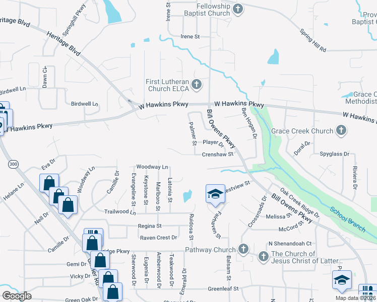map of restaurants, bars, coffee shops, grocery stores, and more near 3101 Palmer Street in Longview