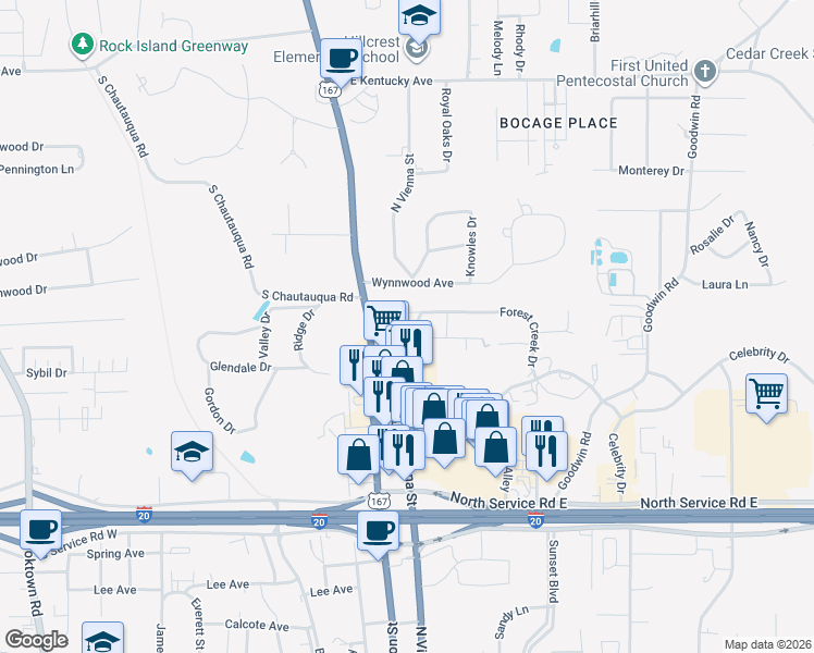 map of restaurants, bars, coffee shops, grocery stores, and more near 105 North Pinecrest Drive in Ruston