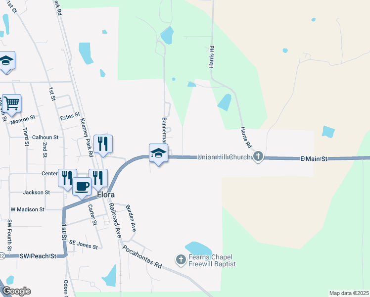 map of restaurants, bars, coffee shops, grocery stores, and more near 104 Brookwood Street in Flora